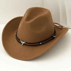 Light Brown Western Cowboy Hat Cowboy Cowgirl Rodeo Style with Bull Skull Accent
